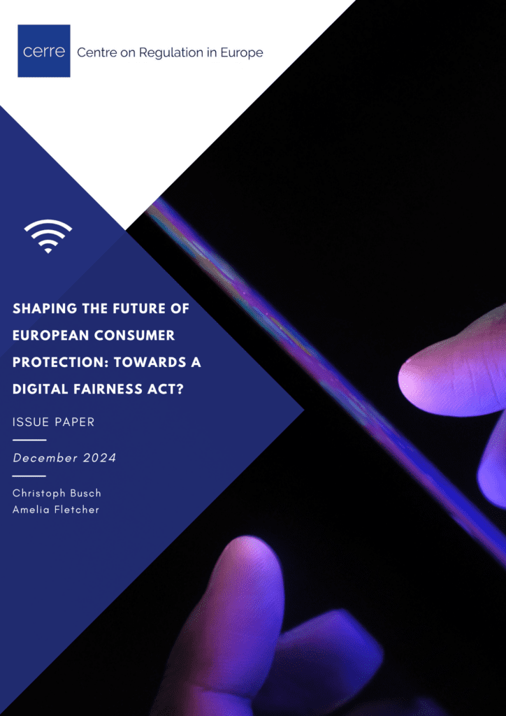 Cover of CERRE report titled Shaping the Future of European Consumer Protection: Towards a Digital Fairness Act?, featuring CERRE’s blue abstract design.