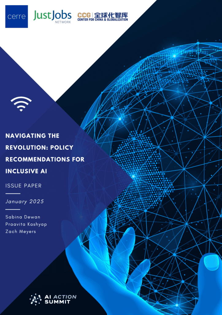 Cover of CERRE report titled Navigating the Revolution: Policy Recommendations for Inclusive AI, featuring CERRE’s blue abstract design.